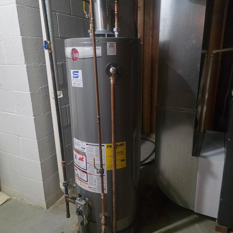 50-gallon Rheem water heater with copper piping
