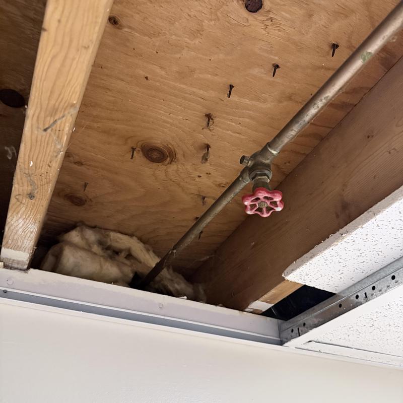 Exterior hose bib with shut off valve in ceiling cavity Exterior hose bib with shut off valve in ceiling cavity