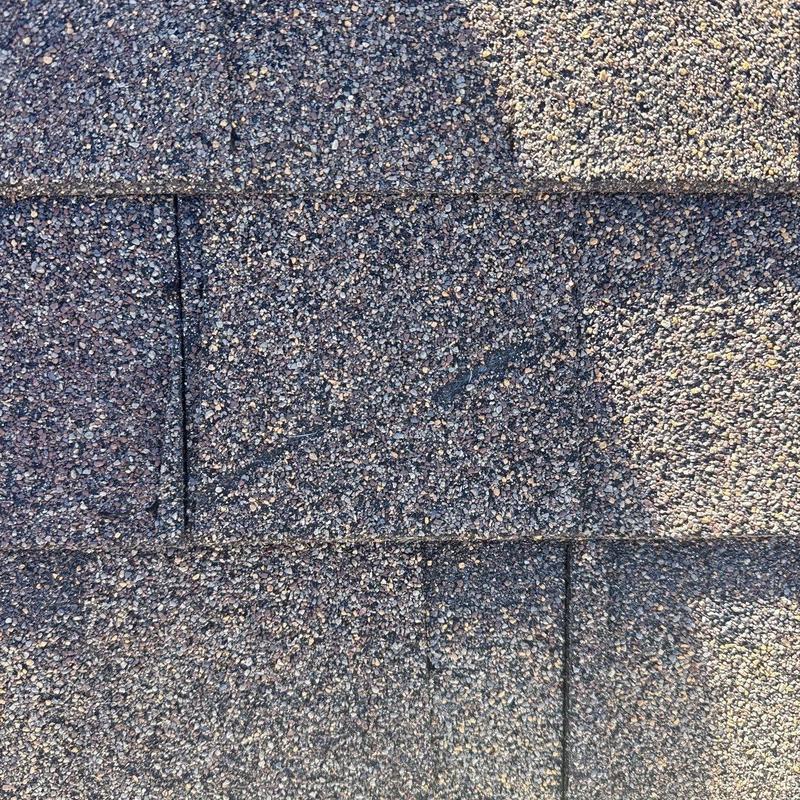 Asphalt roof shingles with visible hail damage marks