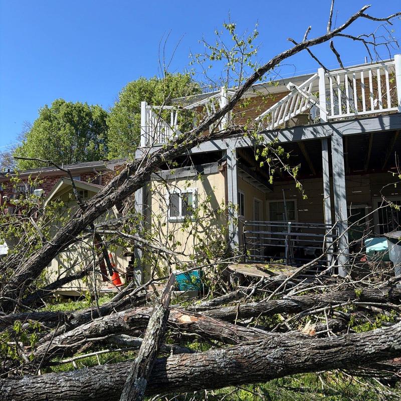 Detached deck railing and frame damaged by fallen tree