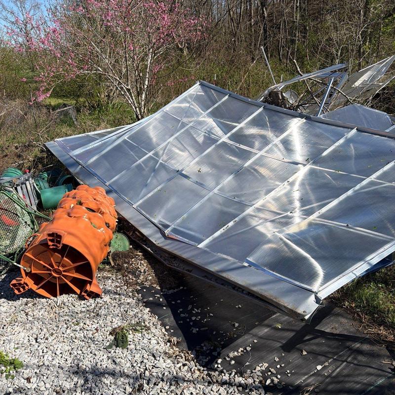 Greenhouse roof panels damaged and collapsed outdoors