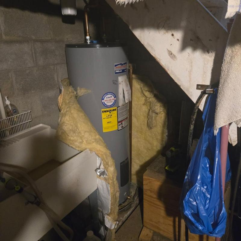 50-gallon water heater with exposed insulation in basement