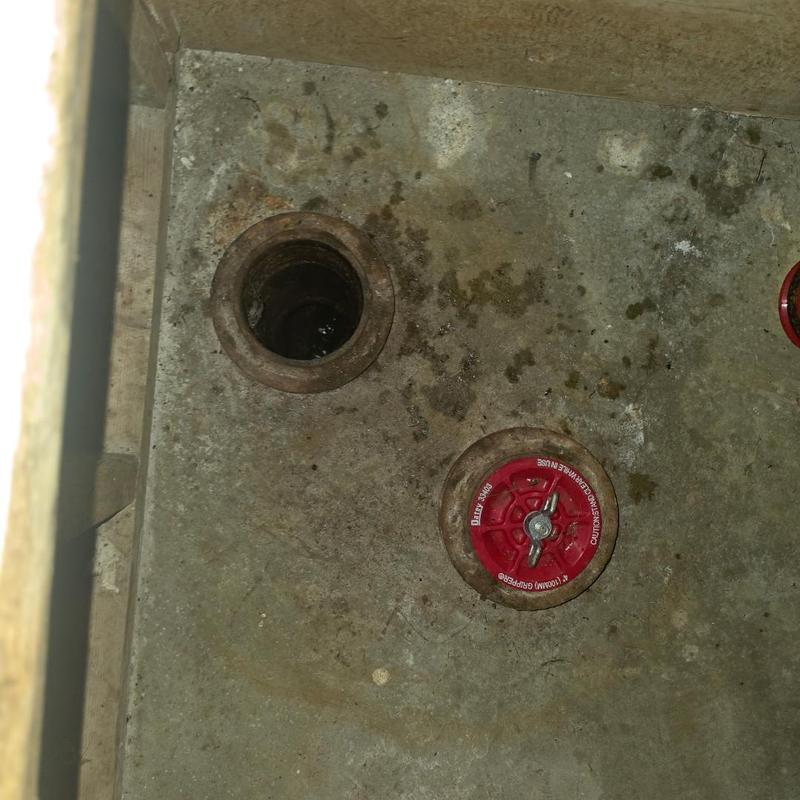 Basement drain cleanout with red valve cap