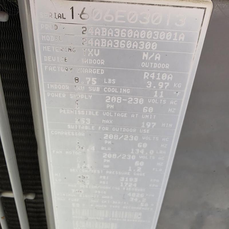 Carrier air conditioner model 24ABA360A300 refrigerant label Carrier air conditioner model 24ABA360A300 refrigerant label