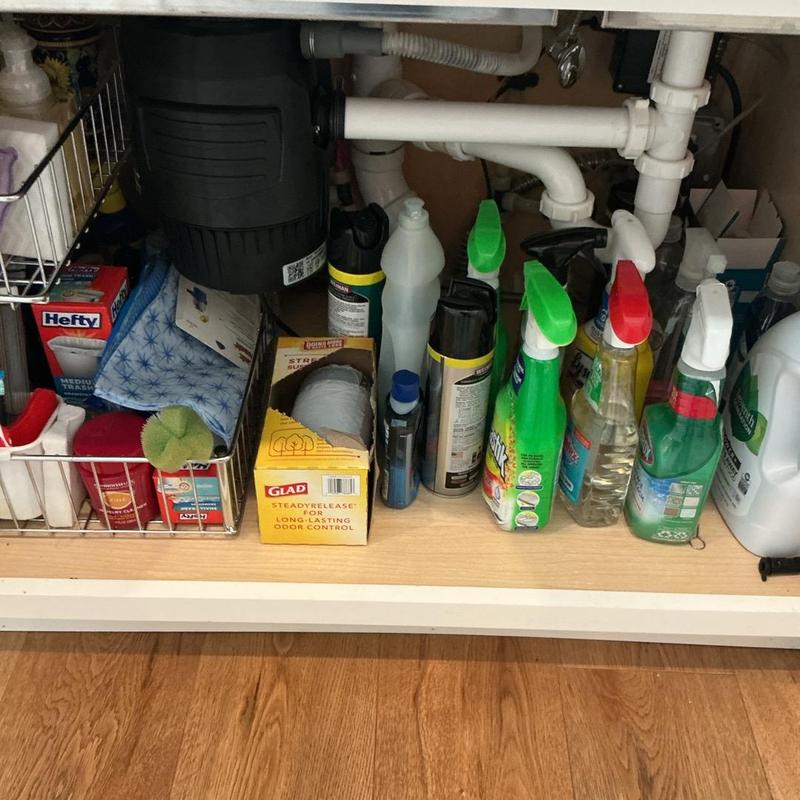Garbage disposal under kitchen sink with cleaning supplies Garbage disposal under kitchen sink with cleaning supplies