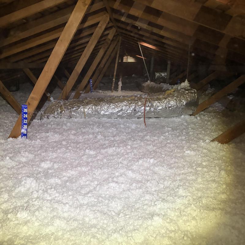 Attic loose-fill insulation with ductwork in Fort Worth attic