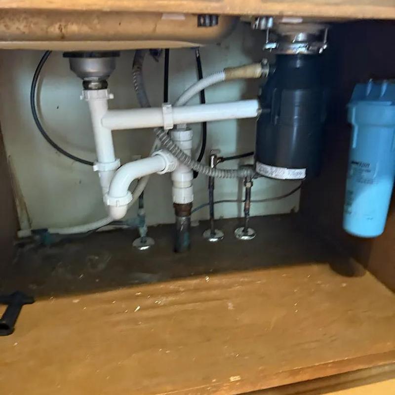 Kitchen sink plumbing with garbage disposal and water filter