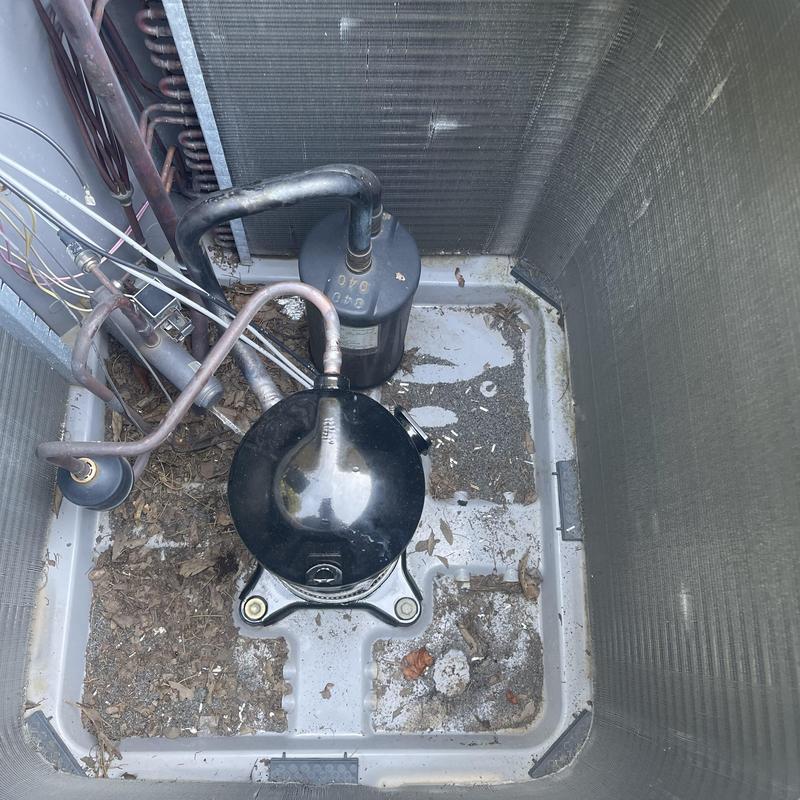 Compressor unit inside HVAC condenser with debris buildup
