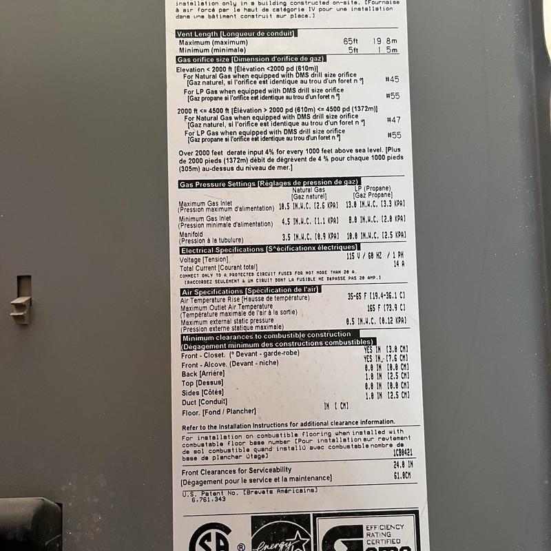 HVAC system air and gas pressure specifications label HVAC system air and gas pressure specifications label