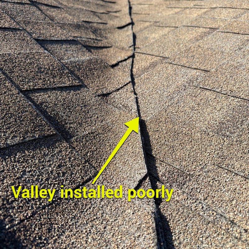 Roof valley with damaged, poorly installed shingles