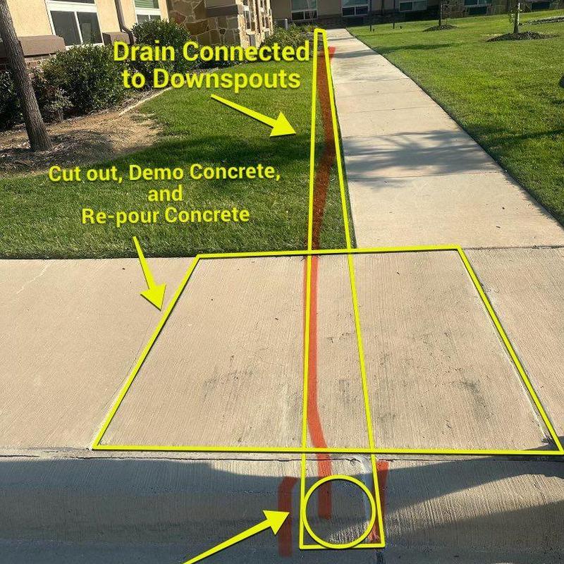 Concrete slab with drain line connected to downspouts