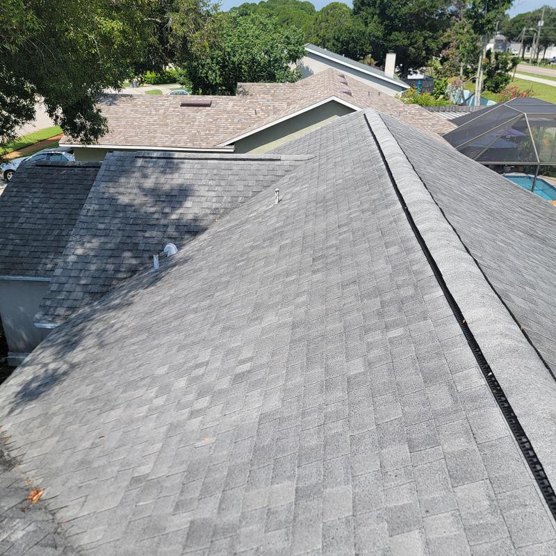 Asphalt shingle roof with hail damage and ridge vent Asphalt shingle roof with hail damage and ridge vent