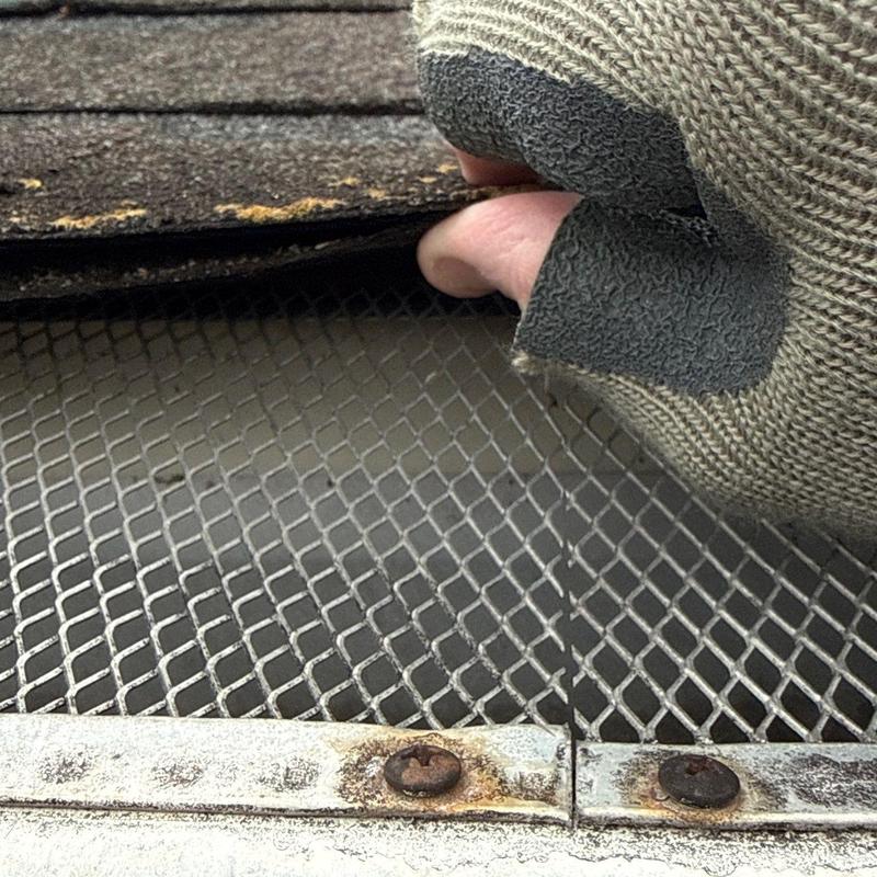 Roof shingle lifted to inspect hail damage on metal screen mesh