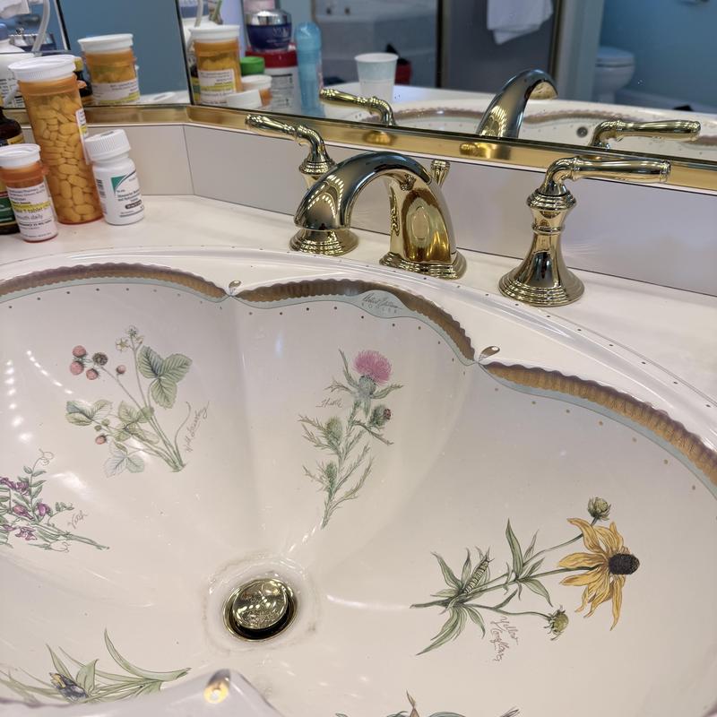 Gold bathroom faucet on floral sink vanity Gold bathroom faucet on floral sink vanity