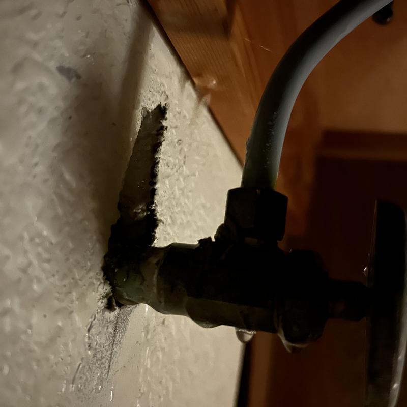 Supply line valve leaking under sink with wall damage Supply line valve leaking under sink with wall damage