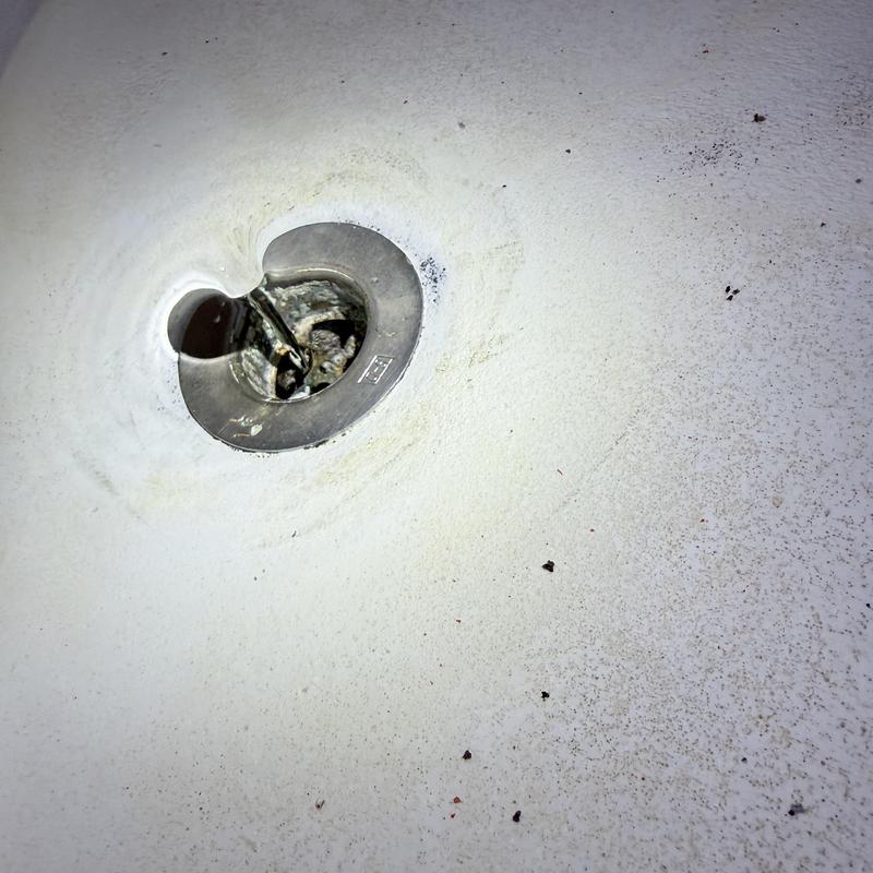 Bathtub drain with visible clog and surrounding residue Bathtub drain with visible clog and surrounding residue