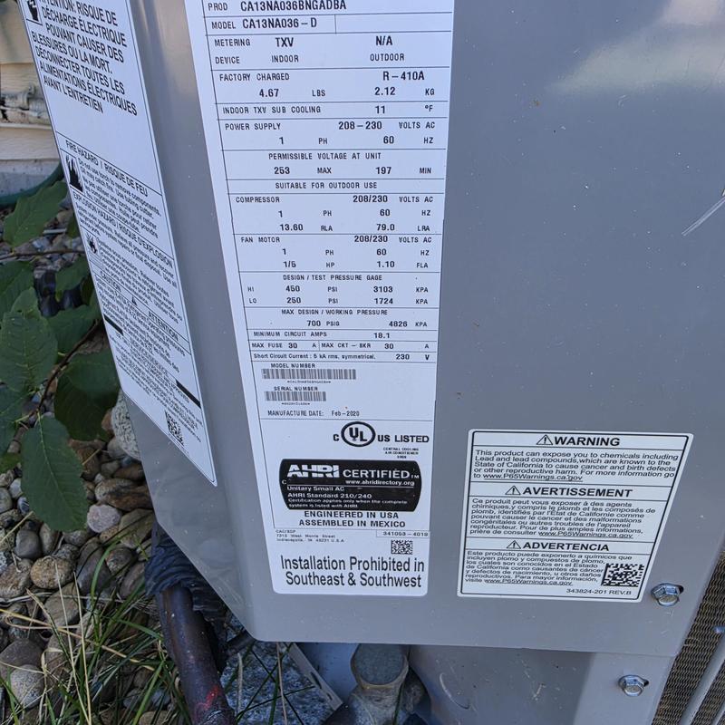 Carrier CA13NA036-D air conditioner label and specs Carrier CA13NA036-D air conditioner label and specs