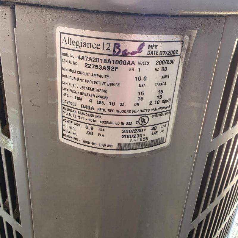 American Standard Allegiance12 AC unit label close-up American Standard Allegiance12 AC unit label close-up