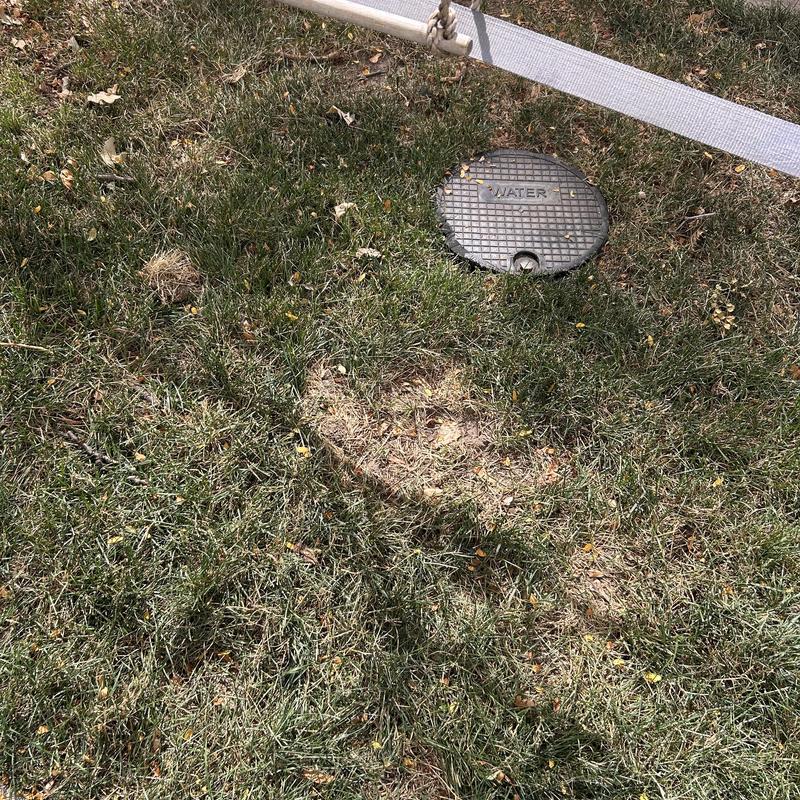 Water meter cover on dry grass near strap restraint Water meter cover on dry grass near strap restraint