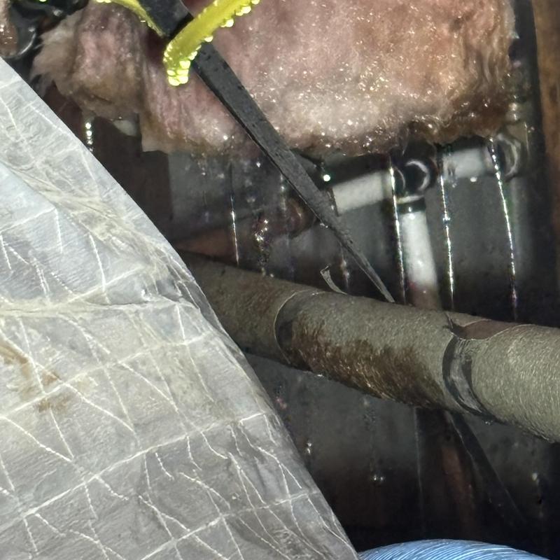 Copper waterline leak under home with moisture buildup Copper waterline leak under home with moisture buildup