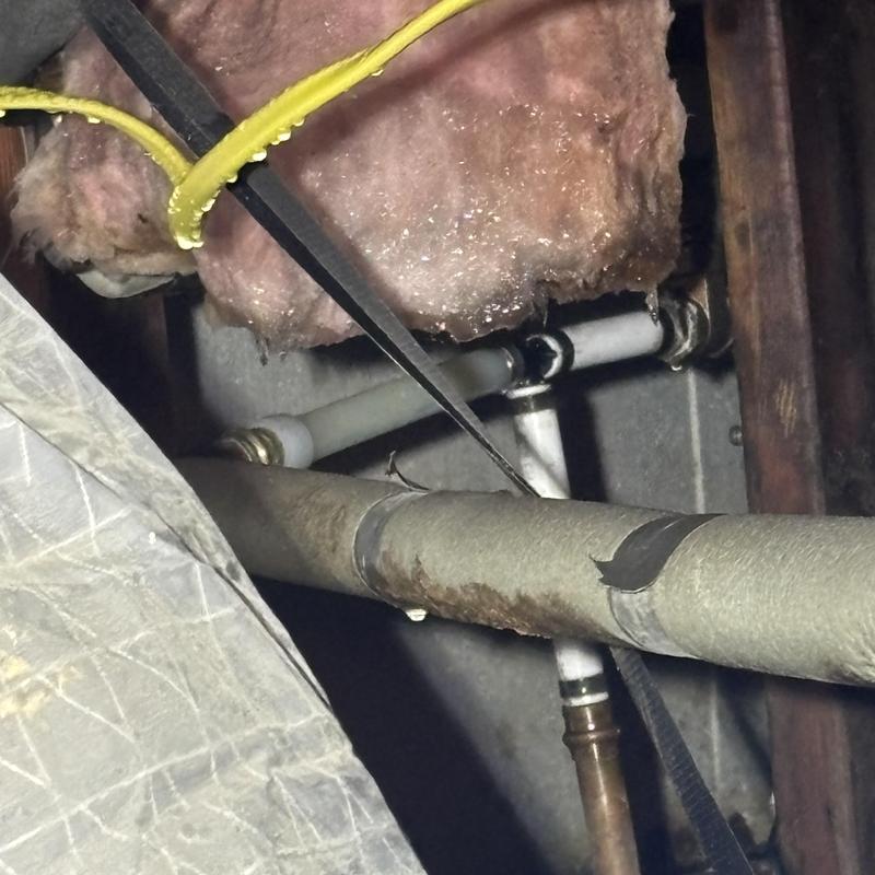 Copper waterline leak under home with insulation nearby Copper waterline leak under home with insulation nearby