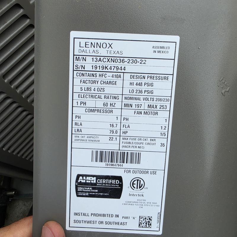 Lennox 13ACXN036-230-22 AC unit label details Lennox 13ACXN036-230-22 AC unit label details