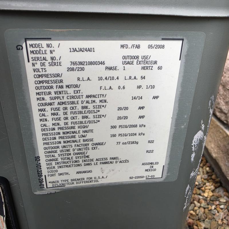 Rheem AC model 13AJA24A01 data label on unit Rheem AC model 13AJA24A01 data label on unit