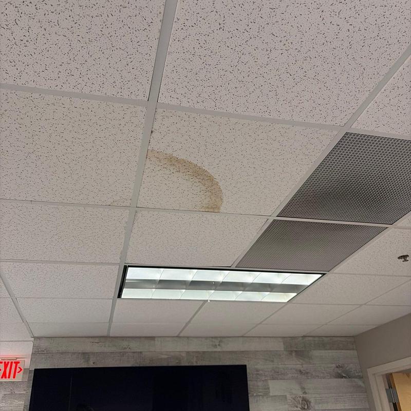 Ceiling tile with water stain near light fixture