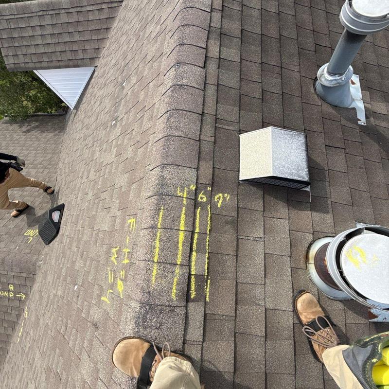 Asphalt shingle roof ridge with hail damage markings