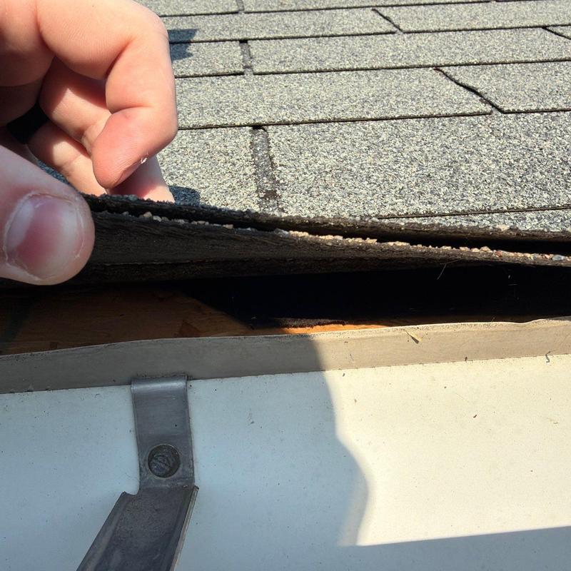 Asphalt roof shingle lift showing underlying damage