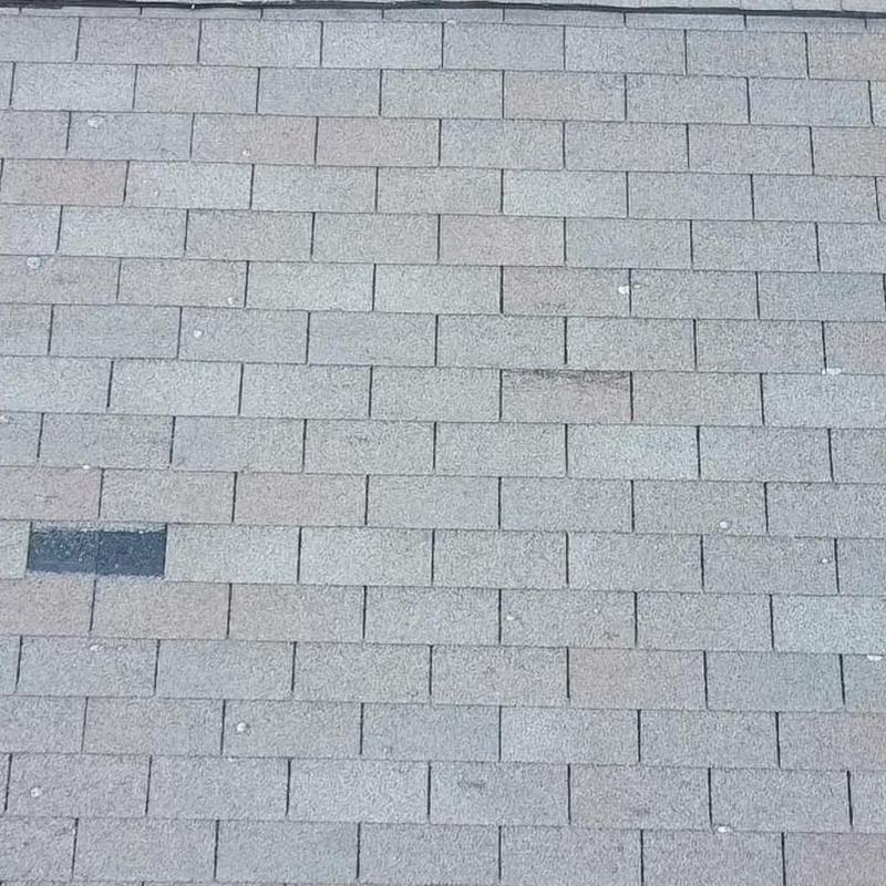 Asphalt shingle roof with hail impact marks