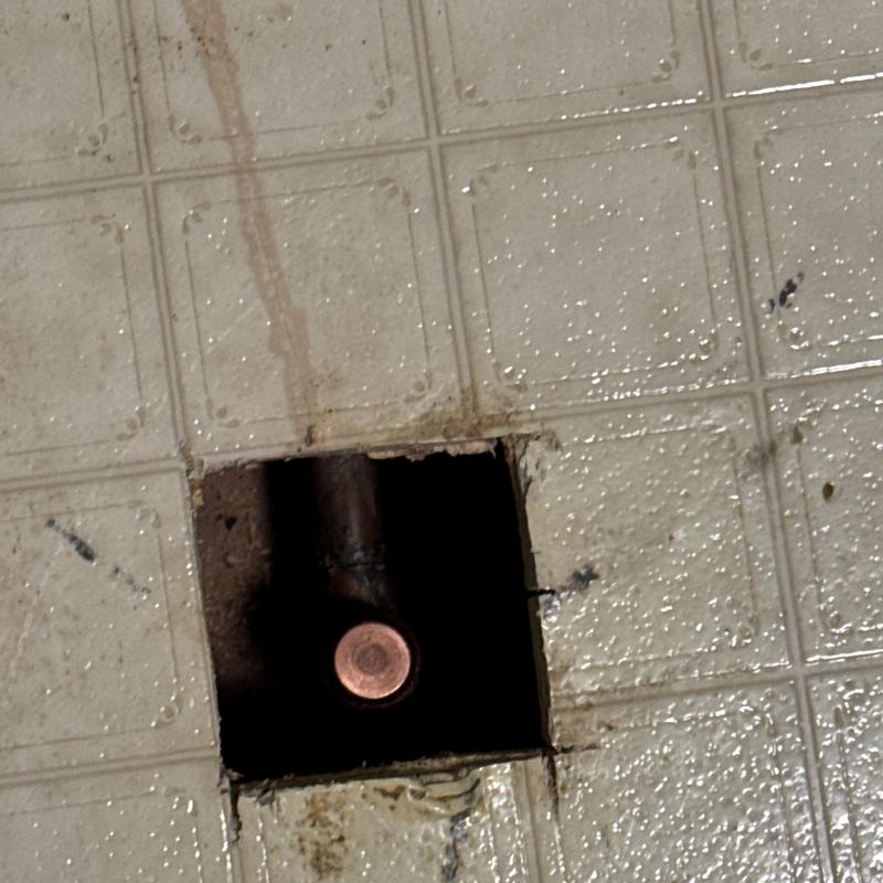 Copper washing machine drain pipe capped below floor panel Copper washing machine drain pipe capped below floor panel