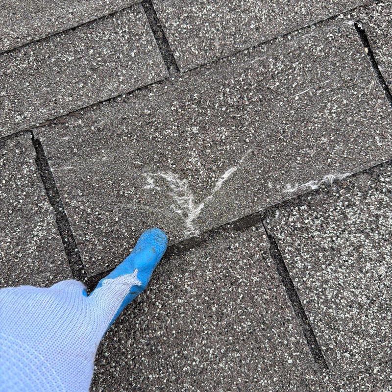 Asphalt shingle with hail damage and wear marks