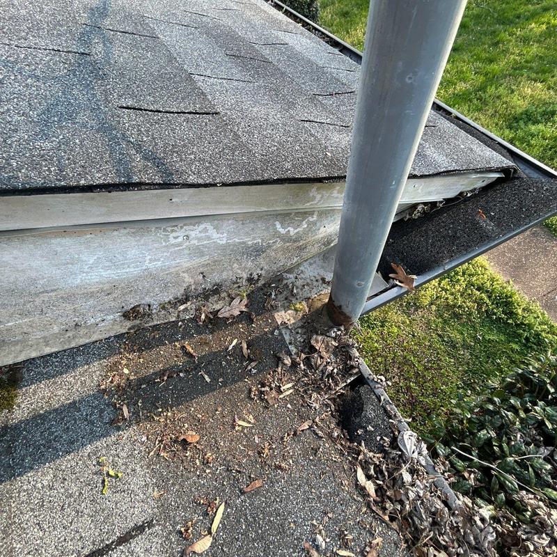 Roof shingles and gutter with debris and wear damage