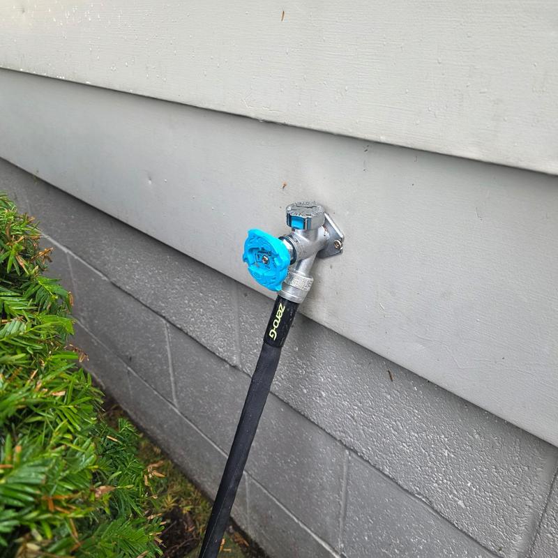 Hose bib with blue handle and attached hose