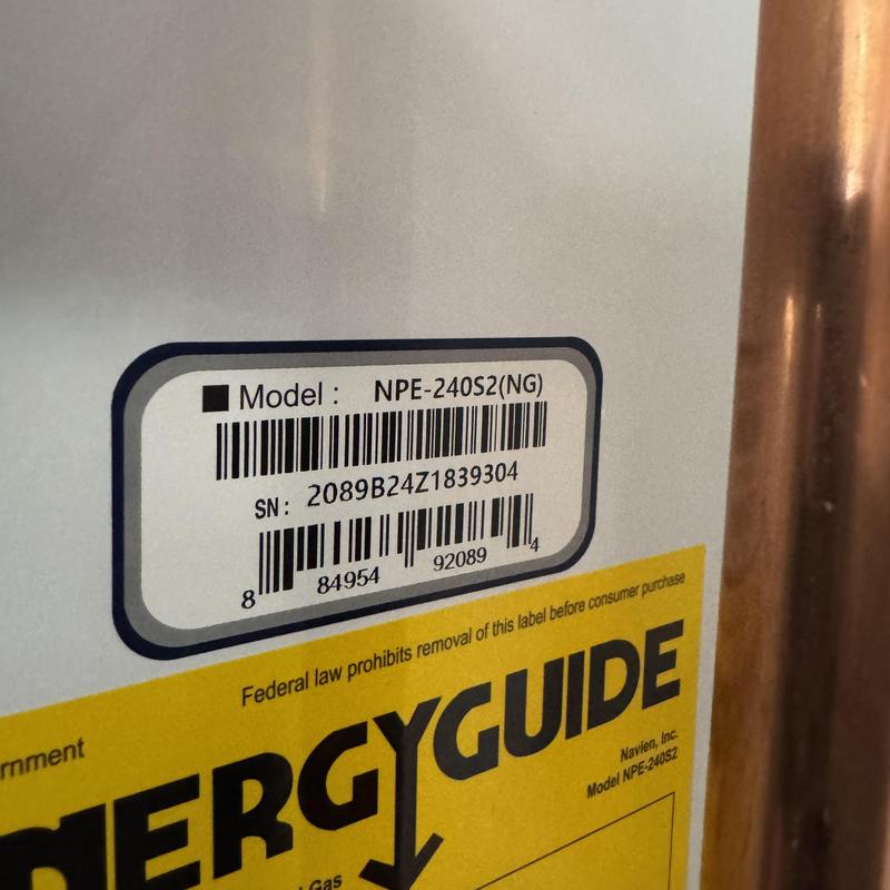 Water heater model NPE-240S2 label and copper pipe Water heater model NPE-240S2 label and copper pipe