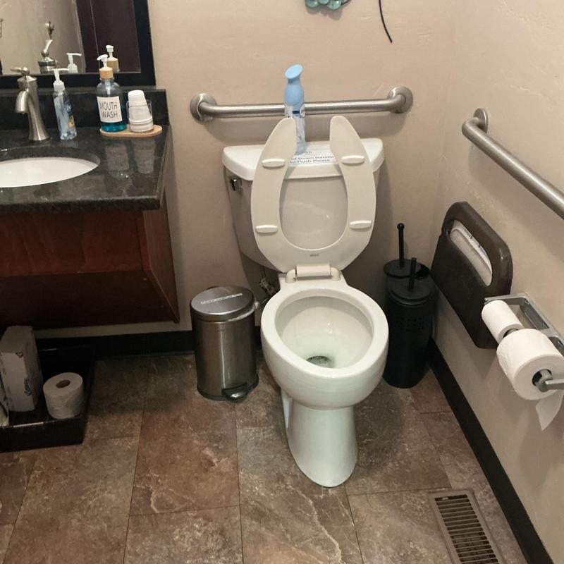 Commercial toilet with open lid in ADA restroom Commercial toilet with open lid in ADA restroom