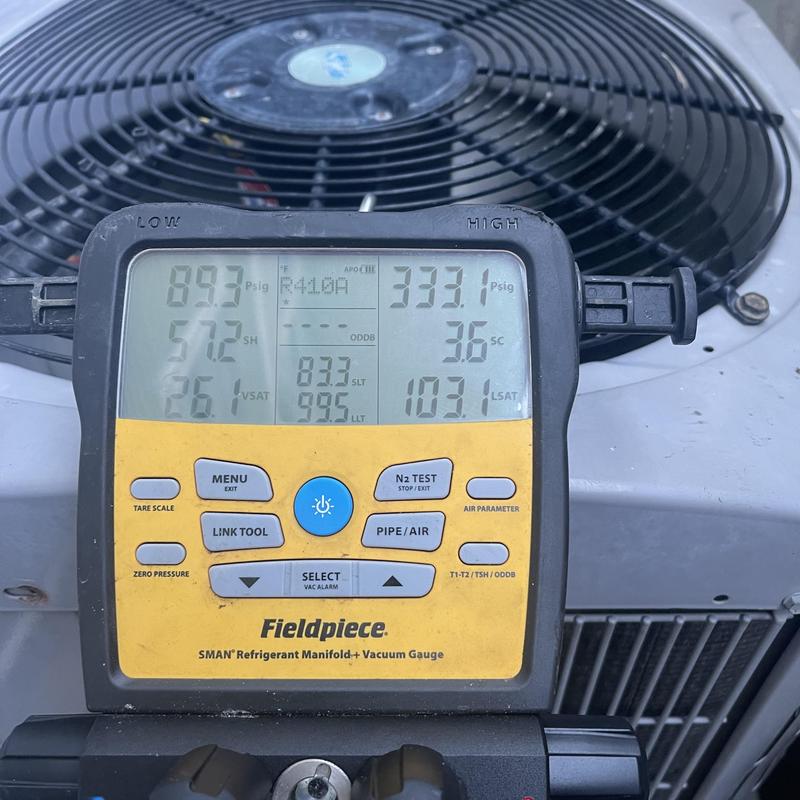 Refrigerant manifold gauge on HVAC condenser unit