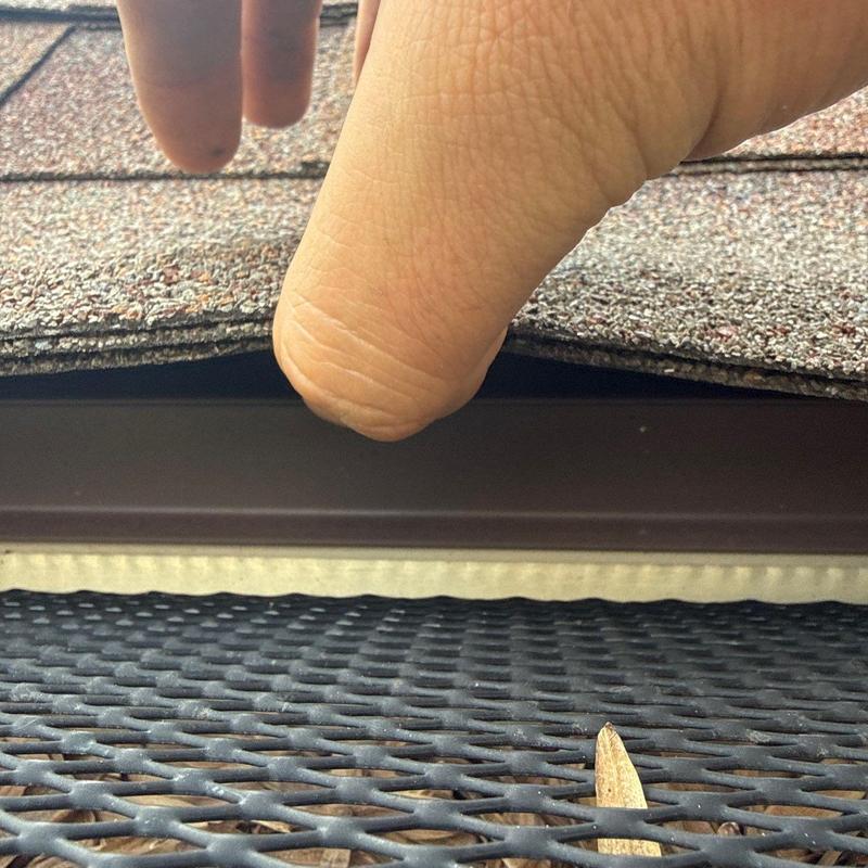 Roof shingles lifted showing hail damage and gutter edge