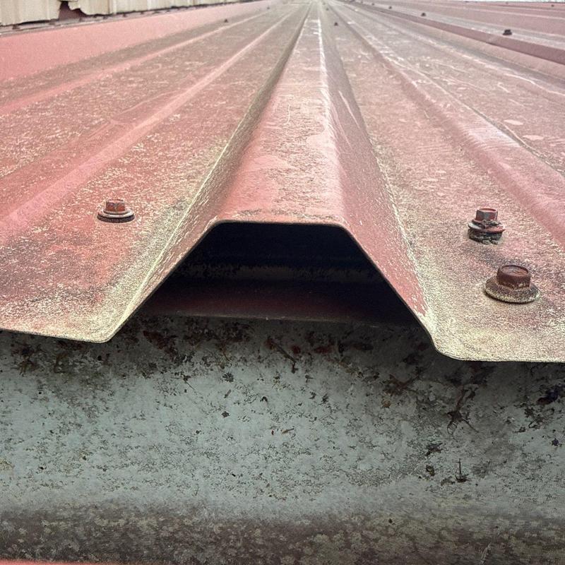 Metal roofing panel with hail damage and rust spots