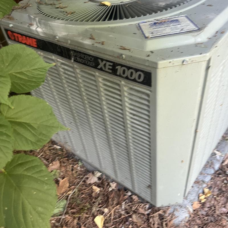 Air conditioner XE 1000 unit outdoors with leaves nearby Air conditioner XE 1000 unit outdoors with leaves nearby