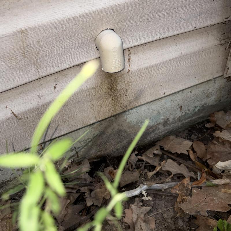 Condensate drain pipe exterior with soil and leaves Condensate drain pipe exterior with soil and leaves
