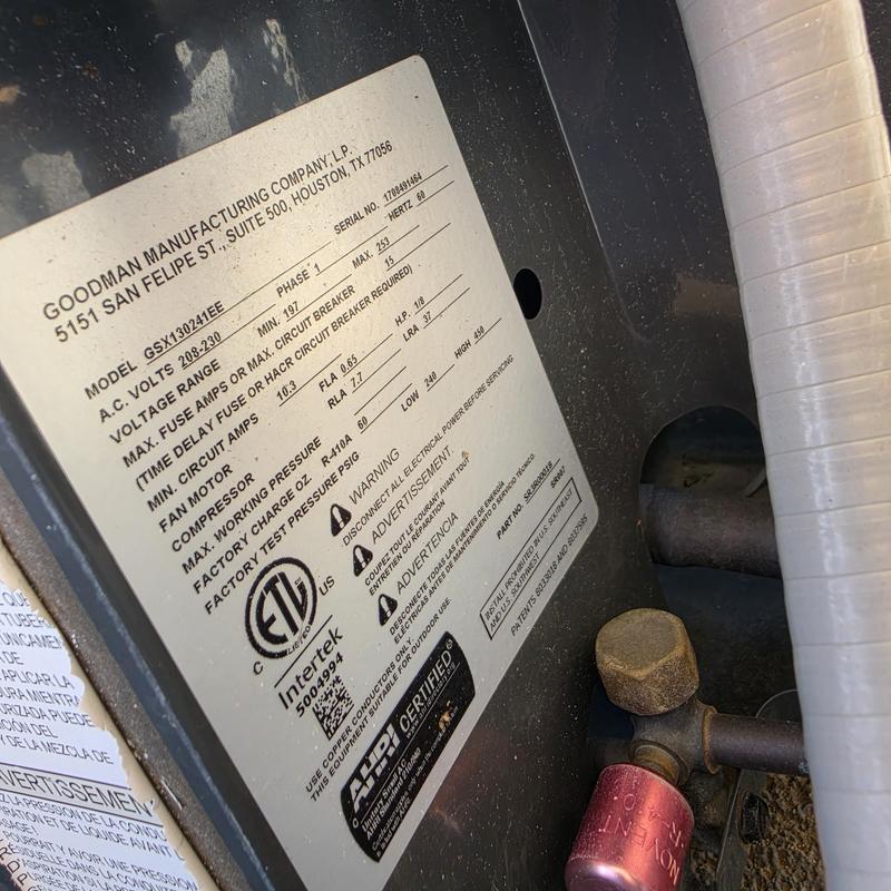 Goodman air conditioner unit label and components Goodman air conditioner unit label and components
