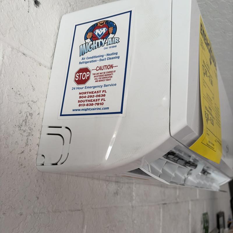 Mini split AC unit with Mighty Air service sticker Mini split AC unit with Mighty Air service sticker