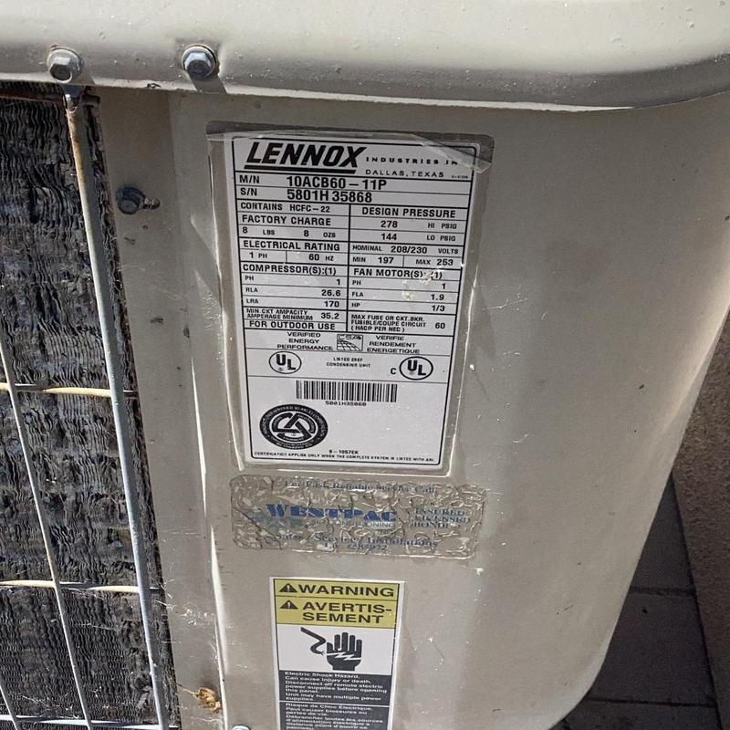 Lennox air conditioner unit label and warning sticker