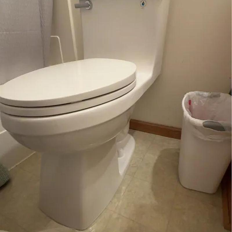 Toilet with closed lid and bathroom trash can