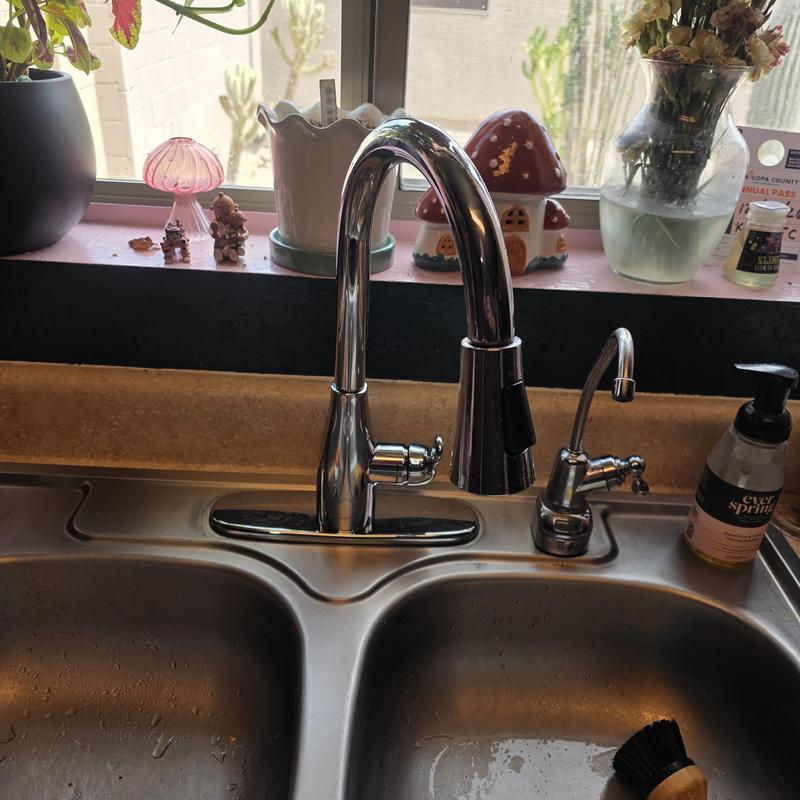Kitchen faucet and soap dispenser setup on sink
