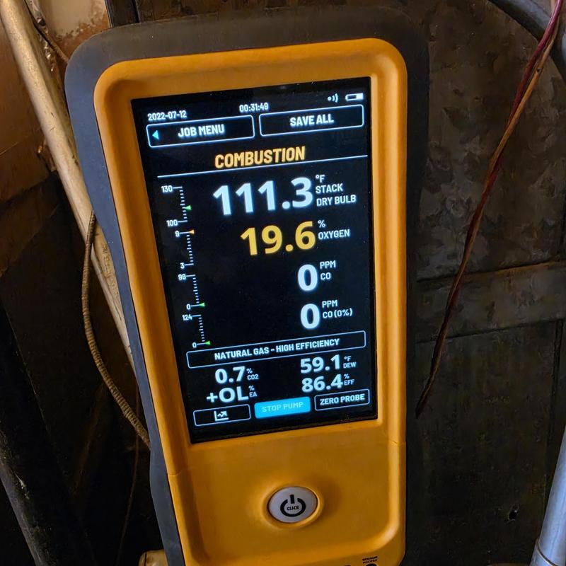Combustion analyzer screen showing furnace emissions and efficiency Combustion analyzer screen showing furnace emissions and efficiency
