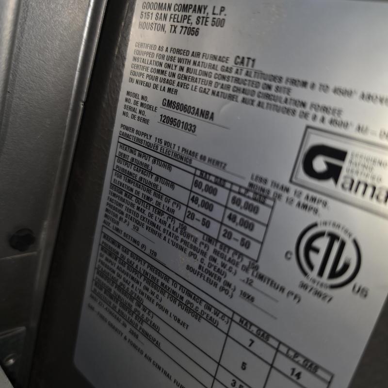 Goodman GMS80603ANBA furnace label close-up Goodman GMS80603ANBA furnace label close-up