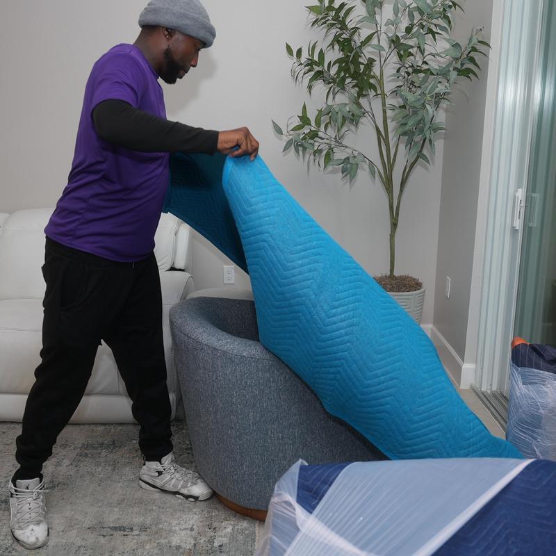 High-end chair with moving blanket wrap in living room